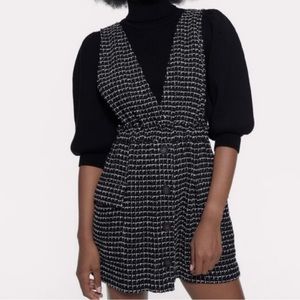 Zara Black Tweed Pinafore Mini Dress Pockets Buttons Women's XS NWT